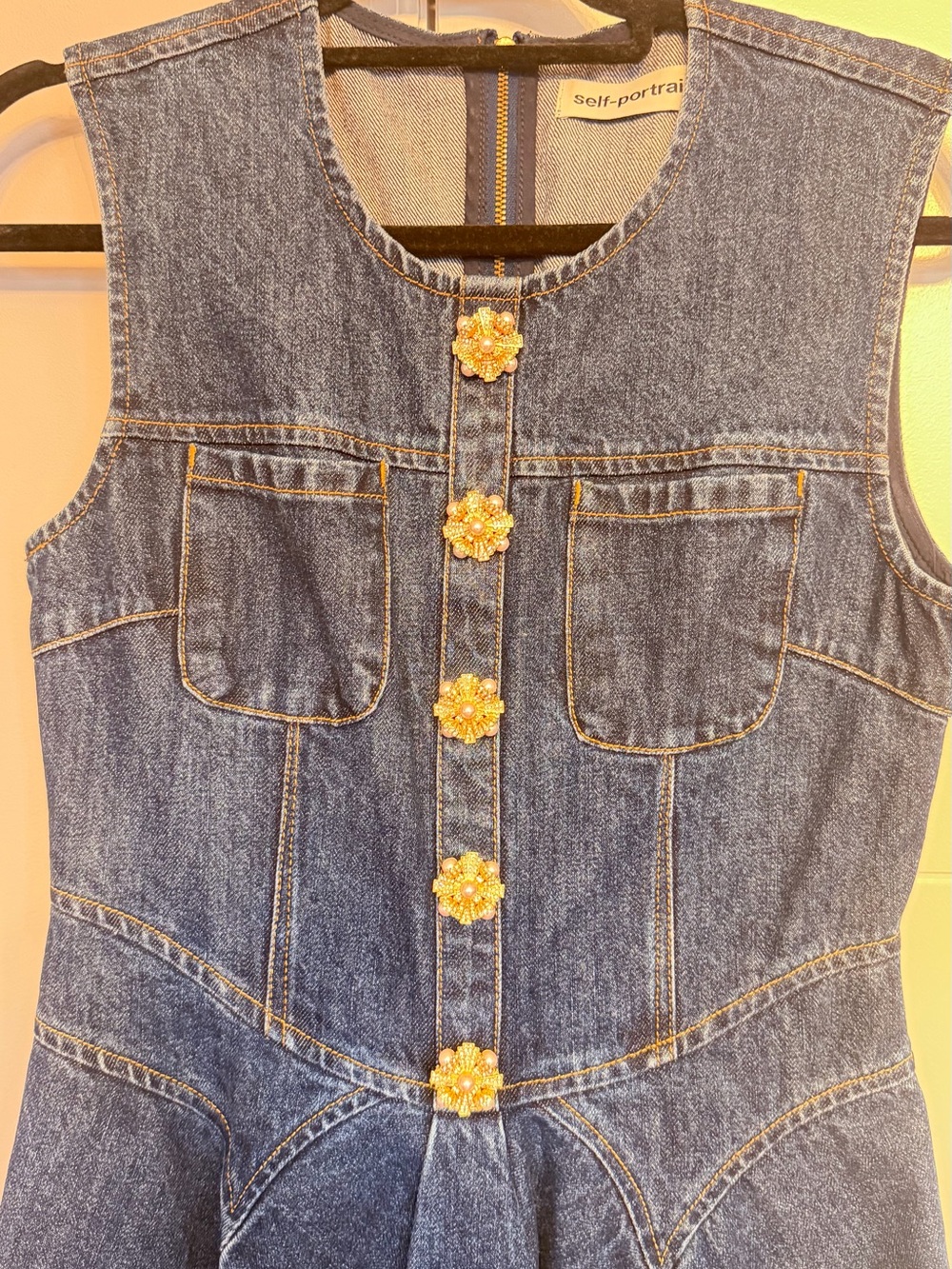 Self-Portrait Navy Denim Sleeveless Fit-and-Flare Mini Dress - Picture 6 of 7